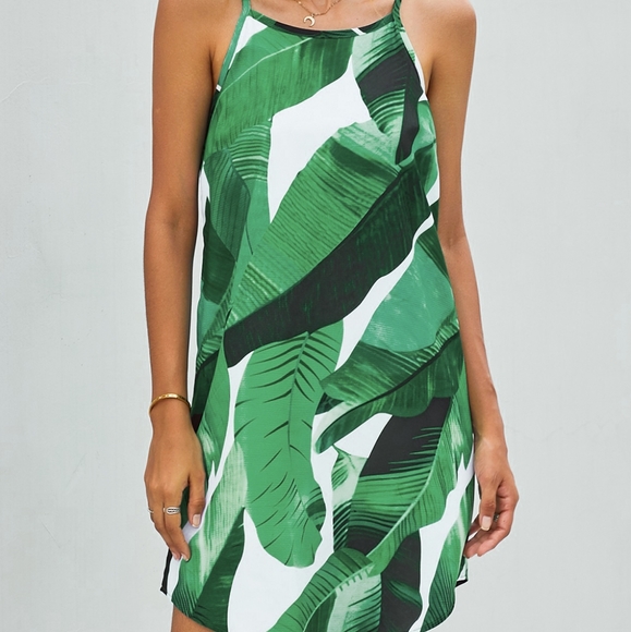 Green Island Print Sleeveless Mini Dress - Picture 4 of 5